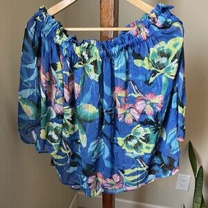 Mushka Sienna Rose Blouse Womens Small Off Shoulder Top Floral Long Sleeve Blue